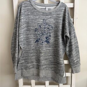 Latched Mama Heather Gray Sweater with Navy Floral Design